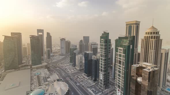Skyscrapers Before Sunset Timelapse in the Skyline of Commercial Center of Doha
