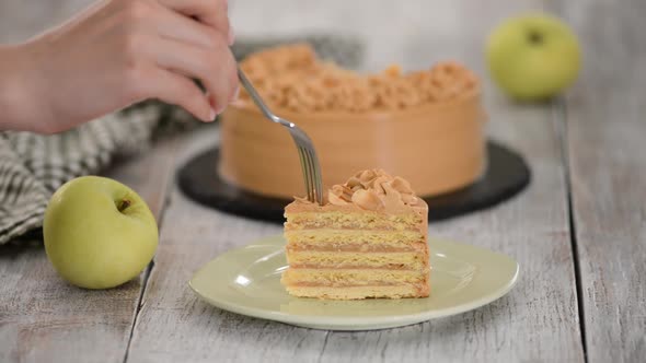 Piece of Apple Layer Cake with Caramel Cream.