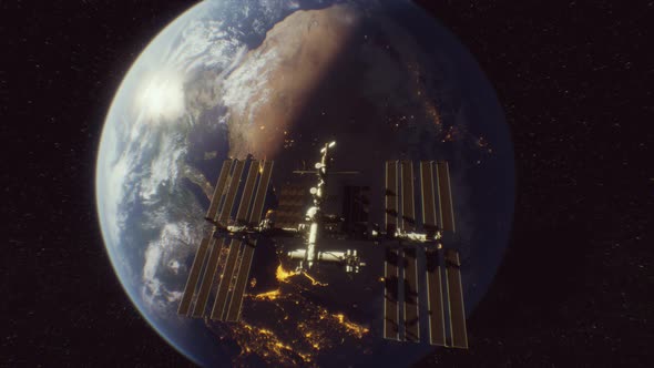 International Space Station in Outer Space Over the Planet Earth Orbit