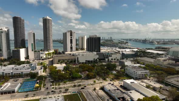 Aerial Approach Hilton Hotel Downtown Miami