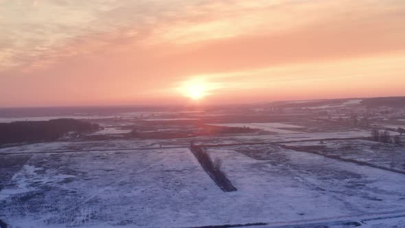 Pink Winter Frosty Evening  Bright Sun on the Horizon