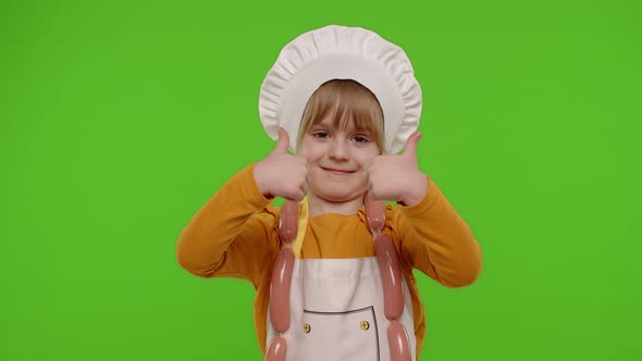 Child Girl Kid Dressed As Cook Chef Showing Thumbs Up Smiling Looking at Camera on Chroma Key