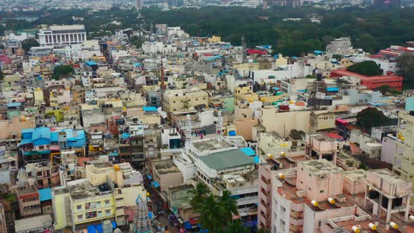 Aerial rotating view of large urban area in Bangalore India