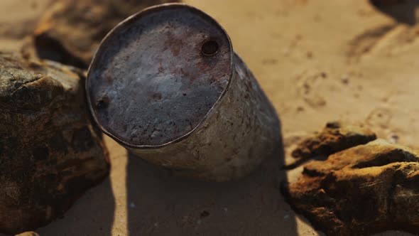 Rusty Metal Oil Barrel on Sand Beach