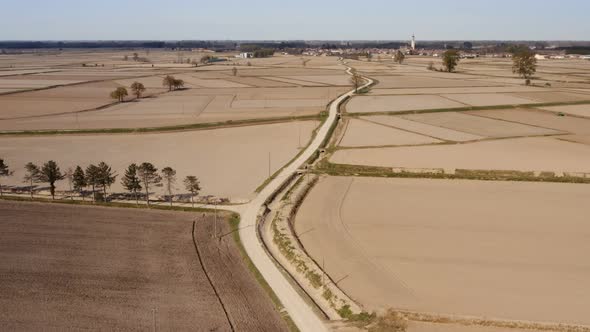 Aerial view of empty rice fields due to drought in the Po Valley, Italy.