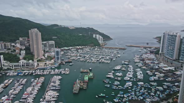 Aerial parallax of typhoon shelter made with ships in Aberdeen bay, Hong Kong. Nautical and maritime