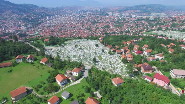 Flying over Bosnian town with Muslim graveyards