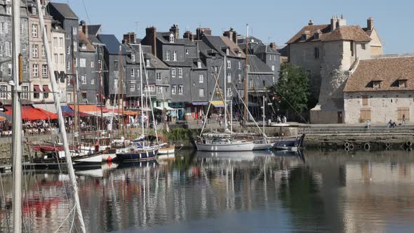 HONFLEUR, FRANCE - SEPTEMBER 2016 Slow tilt  footage on architecture of famous northern Normandy The