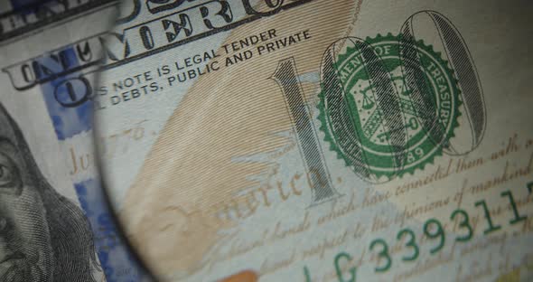 Macro Of 100 American Banknotes. Banknotes Through A Magnifying Glass.