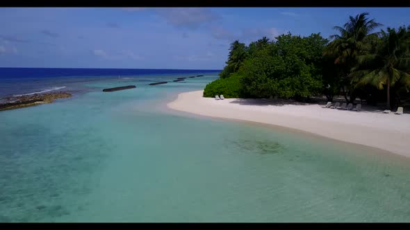 Aerial top down travel of paradise shore beach time by turquoise ocean and white sandy background of