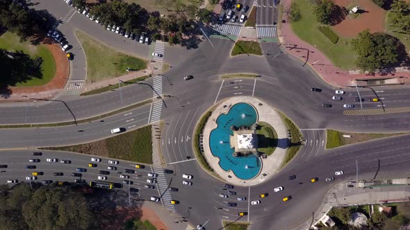 Aerial hovering view of traffic on Libertador Avenue, Buenos Aires. Top down.