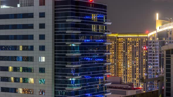 Dubai Marina Skyscrapers Aerial Skyline Night Timelapse