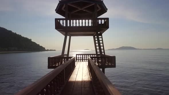 Aerial view of viewpoint over a wood pier, Kep, Cambodia.