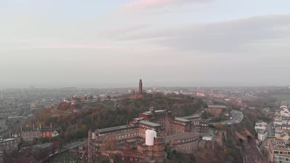 Flying towards Calton hill, Edinburgh, Scotland