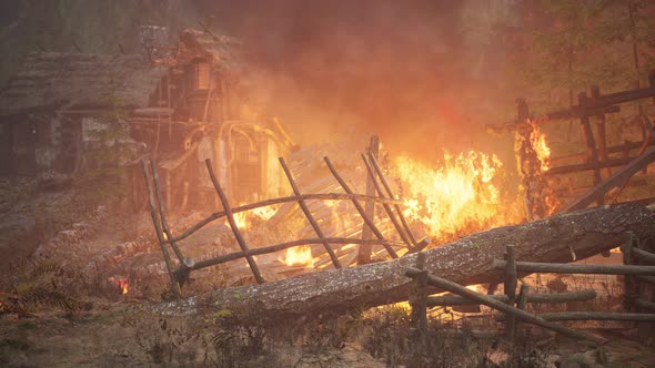 Burning Wooden House in Old Village