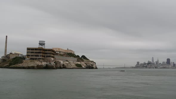 Alcatraz Island in San Francisco Bay, California USA. Federal Prison for Gangsters on Rock, Foggy