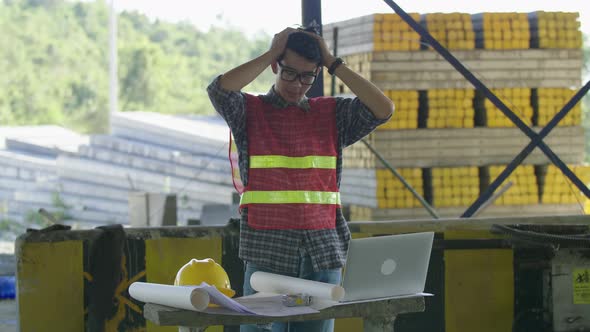 Architect Working On Construction Blueprint At Construction Site , Trying To Solve Problem