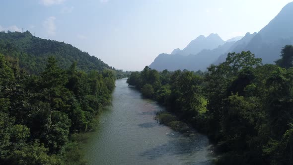 River near town of Vang Vieng in Laos seen from the sky