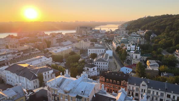 Historical District of Kyiv - Podil in the Morning at Dawn. Ukraine. Aerial View