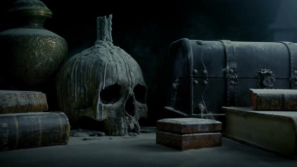 Dusty Table With Skull In Old Mansion