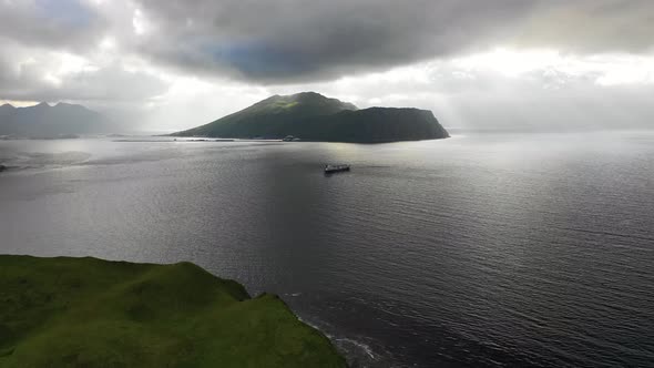 Aerial view of Mukushin Bay, Unalaska island, Alaska, United States..