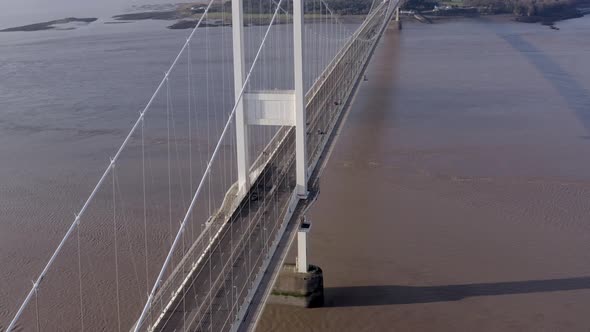 Vehicles Crossing the Severn Bridge Connecting England and Wales Aerial View