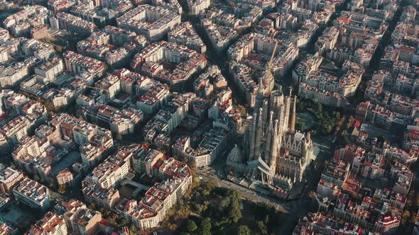 Aerial View of Unfinished Basilica of the Sagrada Familia in Barcelona Catalonia Spain