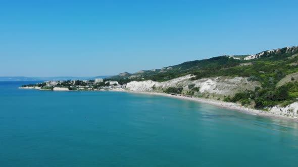 Scenic View Of Blue Water Lagoon In Balchik, Bulgaria At Daytime - aerial drone shot