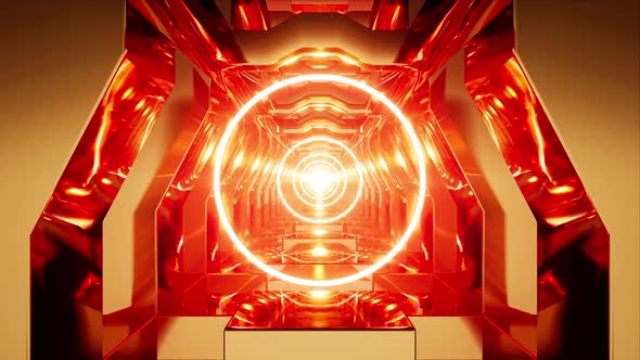 Glowing Red Circle Light in the Golden Tunnel VJ Loops