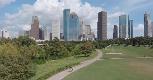 Low angle drone view of downtown Houston skyline.  This video was filmed in 6k and downscaled to 4k