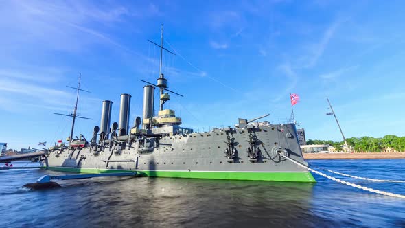 cruiser aurora, warship in time lapse, water museum, history and sightseeing. travel and tourists