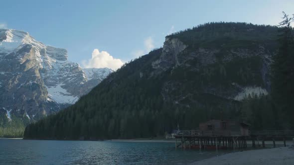 Panorama of beautiful lake Braies and Dolomites mountains, South Tyrol, Italy