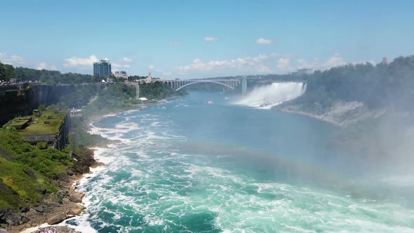 Top view on the Niagara River, Bridal Veil Falls, the American Falls and the Rainbow Bridge