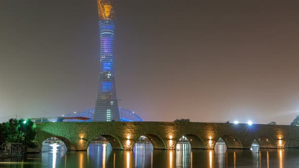 The Aspire Tower or Torch Hotel Timelapse in Doha Sports City at Night