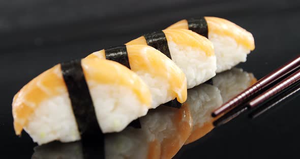 Nigiri sushi wrapped in nori seaweed