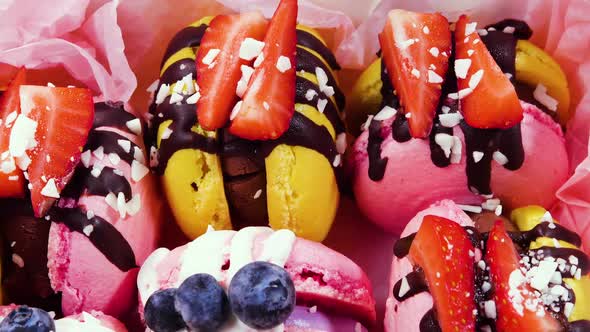 Macaroon Handmade Beautiful Sweet Food Dessert with Fresh Strawberries and Blueberries Decorated