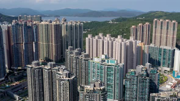 Drone fly over Hong Kong city