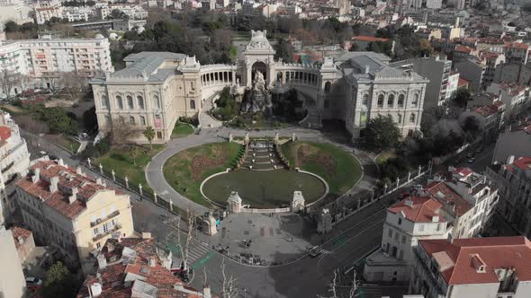 Aerial view of Palace Longchamp with cascade fountain in the heart of Marseille