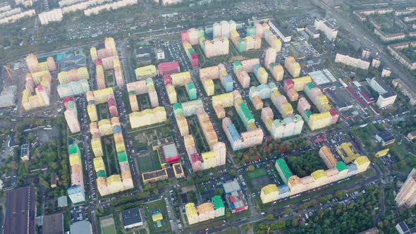 Top view of the colorful modern buildings, aerial footage from the drone