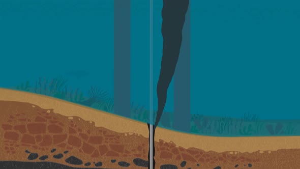 Cartoon view of an oil platform failure in the deep sea. Environment pollution.