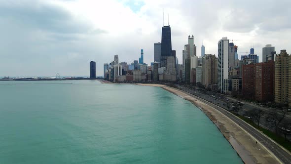 Chiago shore line aerial view of downtown John Hancock Center