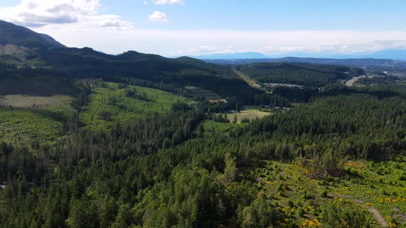 4k drone flying slowly above the extension ridge area near Nanaimo on Vancouver Island. Summer in Ca