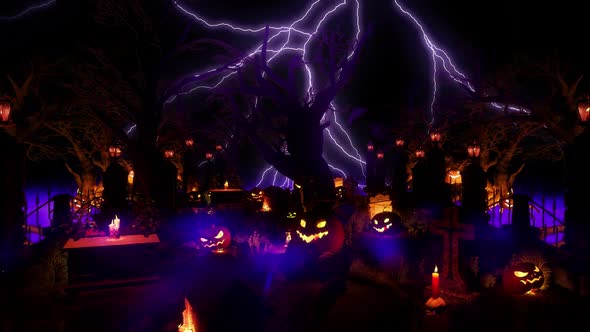 visual for halloween of traditional spooky cemetery of pumpkins in a storm