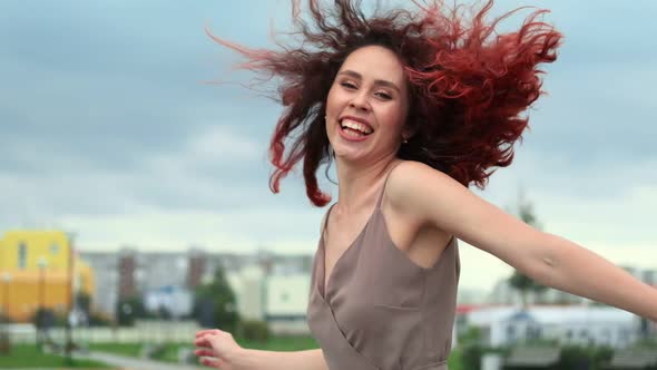 Attractive Happy Redhead Waving Curly Hair Young Girl Posing Turning Around Slow Motion