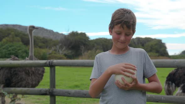 Boy Holding Ostrich Egg at Ostrich Farm