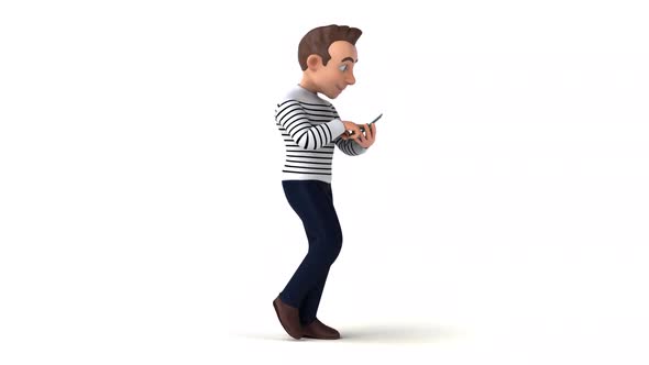 Fun 3D cartoon man walking with a smartphone alt