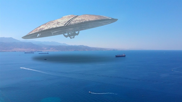 Alien Saucer Over Red sea And Tanker ship