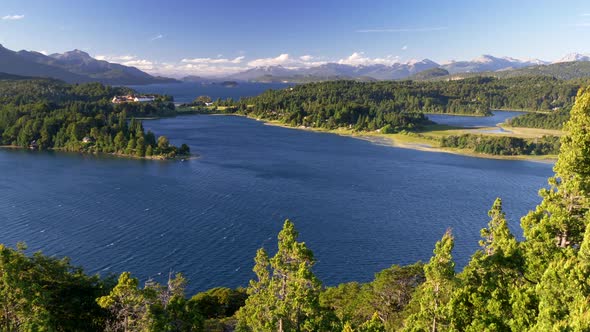 Blue Water of Nahuel Huapi Lake Among Green Flora of Nahuel Huapi National Park Near Bariloche