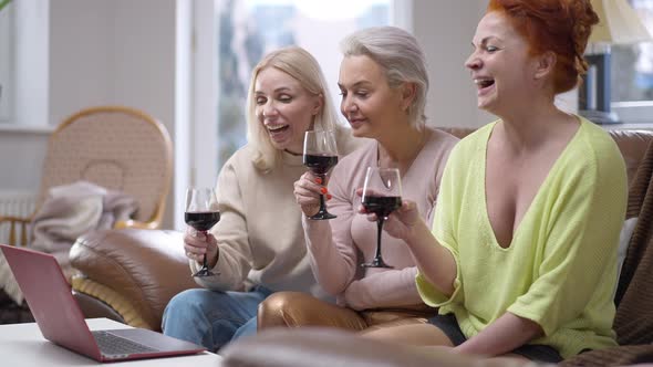 Cheerful Relaxed Women with Wine Glasses Watching Online Movie Laughing Resting on Weekend Indoors