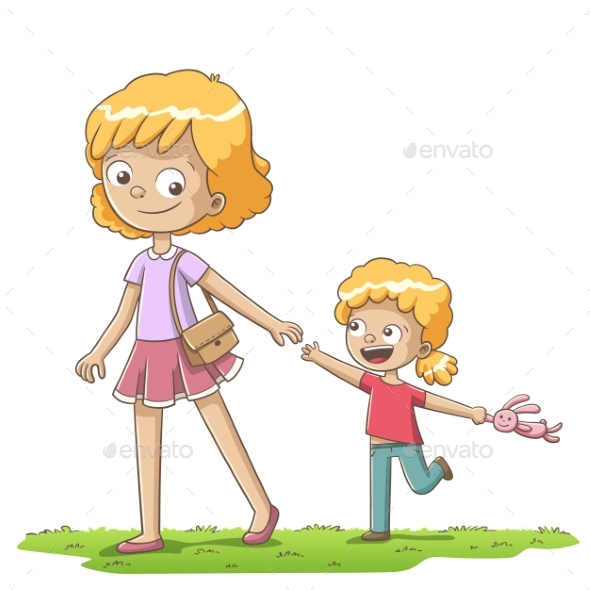 Mother And Daughter Walking